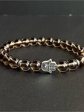 Smoky Quartz Beaded Bracelet with Hamsa Charm